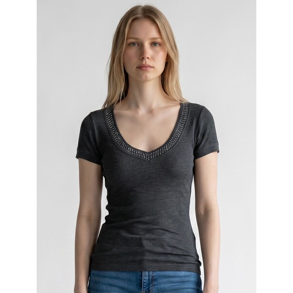Zako Vintage Y2K Ribbed V- Neck Long Line Tee with Stud Detail - Charcoal. Small
